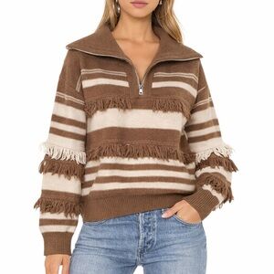 Strut & Bolt Brown and White Cream Striped 1/4 Zip Sweater with Fringe S